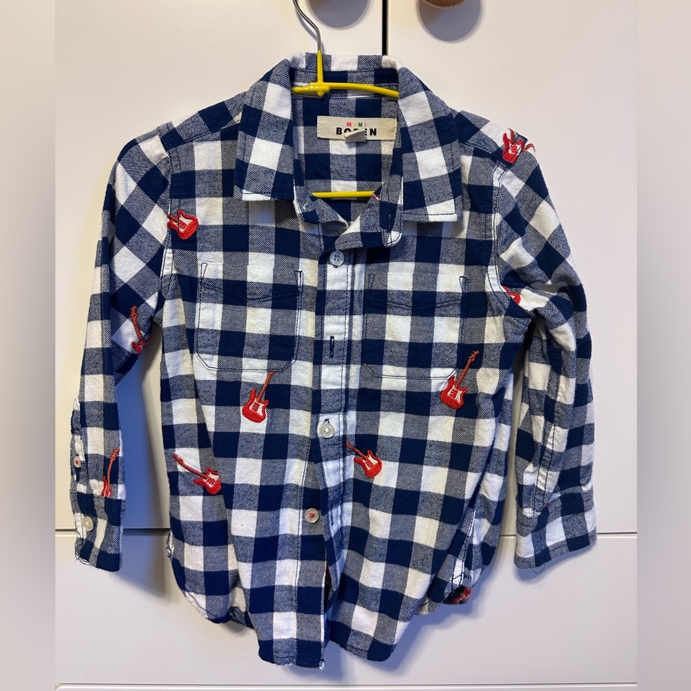 Mini Boden Blue and White Checkered Shirt with Red Guitar Print (Size 2-3Y)